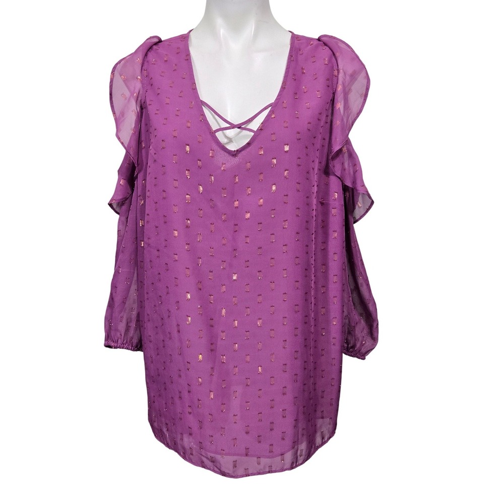 Cato Magenta Purple Metallic Clip Dot Cold Shoulder Ruffle Blouse 18/20W NWT